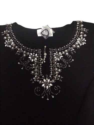 QUACKER FACTORY (3X) Simulated Pearl Embellished Split Cuff Black Tunic Sweater - Picture 2 of 7