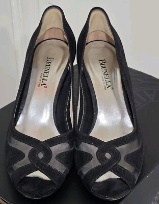  BRUNELLA Sequined Mesh & Suede Pumps Black Heels MADE IN ITALY EU38.5  US8.5