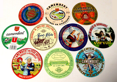 SET 10 ETIKETTEN SCHACHTEL KÄSE CAMEMBERT LIVAROT COULOMIER, NORMAND CHEESE LABEL