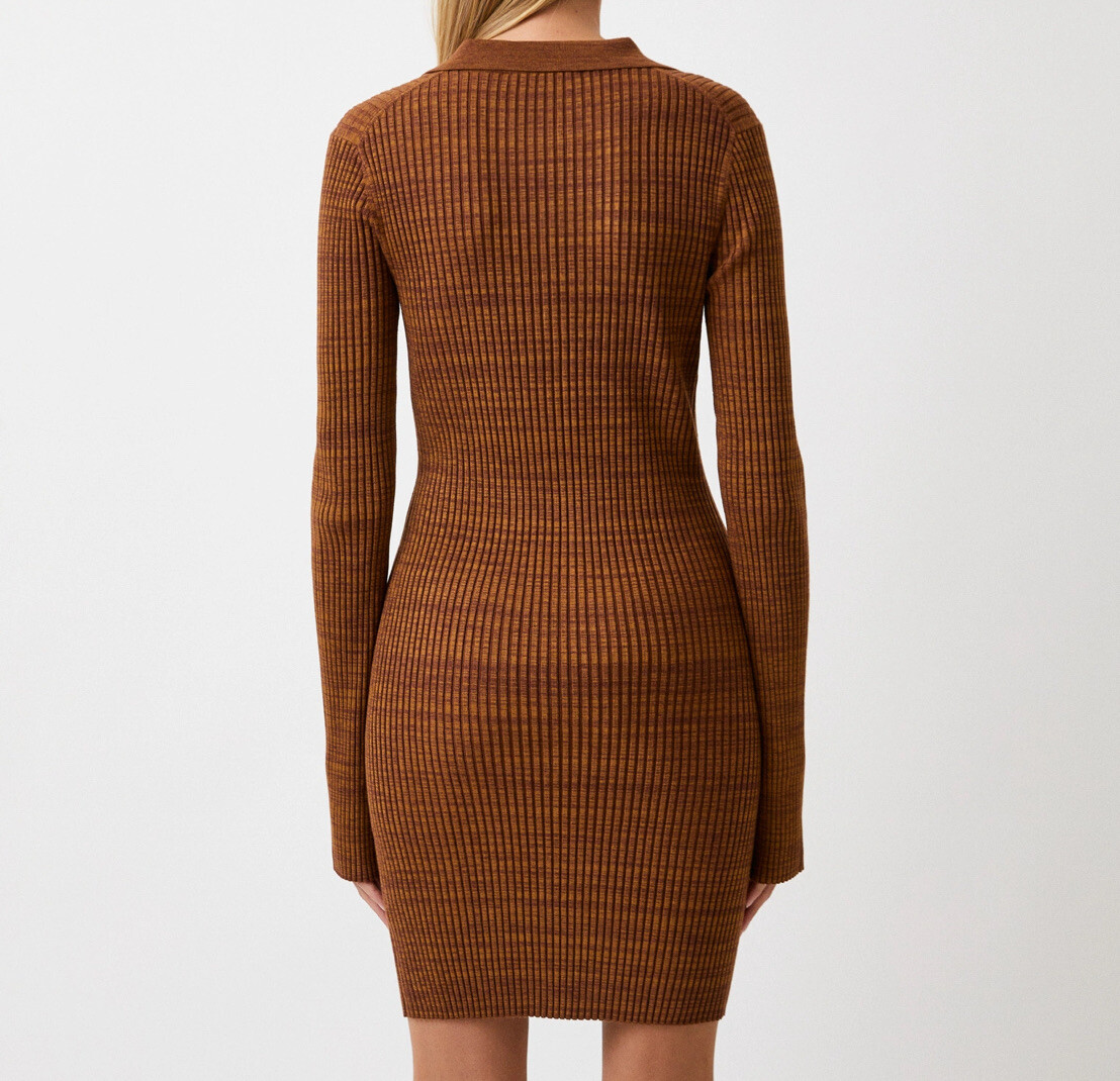 Helmut Lang Marl Brown Ribbed Knit Long Sleeve Polo Dress Women's