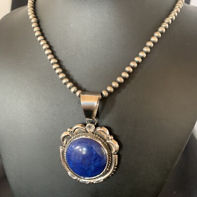 Native American Blue Lapis Pendant Navajo Sterling Silver Necklace 11677
