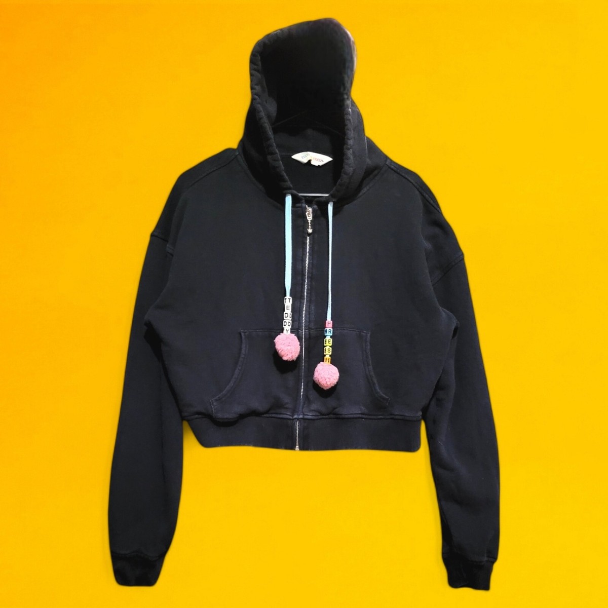 Teddy Fresh Cropped Pom Pom Hoodie Womens Large Black Retro Jumper