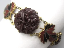 LOVELY ART DECO GOLDTONE CZECH GLASS ENAMEL MAPLE LEAF FLOWER BRACELET
