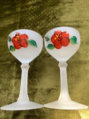 Vintage Set Of 2 Frosted Wines Glasses With Handpainted Red Rose