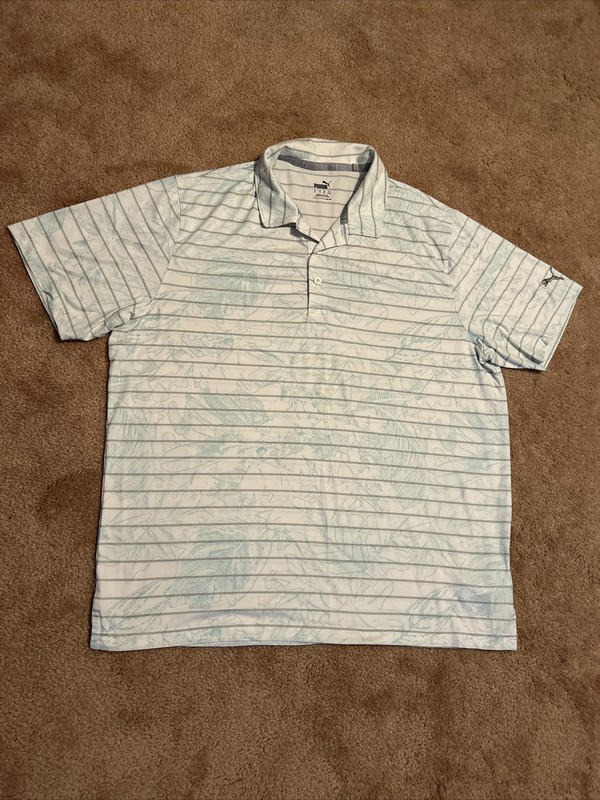 Puma Cloudspun Aerate Golf Polo Men's XL Striped Tropical Print Short Sleeve