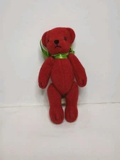 Department 56 Red Jointed Plush Bear Green Ribbon Bow 4" Christmas Miniature