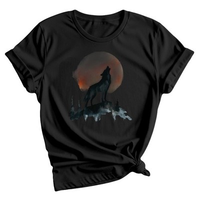 Wolf heulender Mond Silhouette Tiere Damen T-Shirt Natur