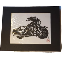 Hou-tien Cheng Master Chinese Paper Cutter Motorcycle Signed Matted 11x14 VTG