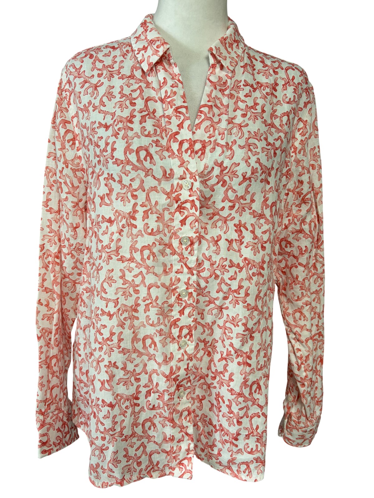 Tommy Bahama Linen Shirt Womens M Red Coral Print Button Up Long Sleeve Top