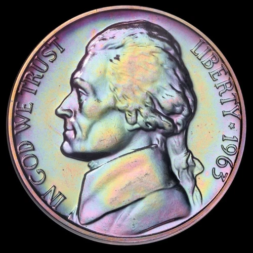 1963 Proof Jefferson Nickel 5C NGC PF66 Pastel Rainbow Toned Monster Color Coin