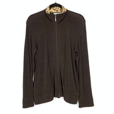 Chicos Travelers Full Zip Jacket Brown Womens Sz 1 US M Leopard Inner Collar