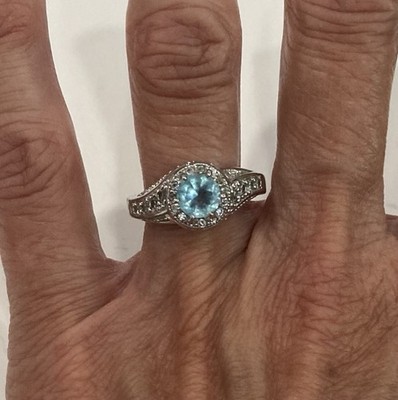925 Sterling Silber Ring mit rundem Aquamarin Farbstein mit CZ s - Größe 8