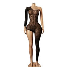 Sexy One Shoulder Leopard Print Bodystocking Asymmetric Long Sleeve Sheer Mesh