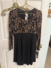 Vintage 90s Molly Babydoll Floral Dress New Black Brown Med Sz 10 40x37 Stretch