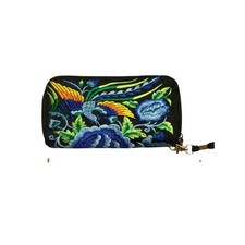 Embroidered Floral Bird Wallet Black Canvas Zip Around Accordion Wristlet Clutch