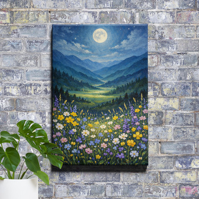 Moonlit Night Meadow Wall Art Dreamy Landscape Canvas Print Enchanted Nature
