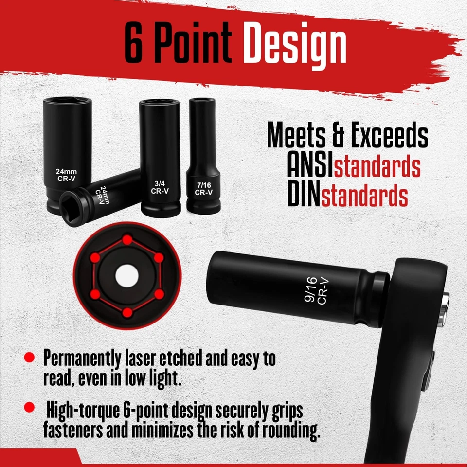 29 Piece 1/2" Drive Impact Socket Set Deep Socket with Extension Bar Cr-V Steel - Image 2 of 4