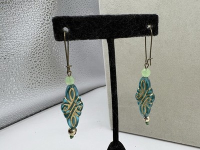 Handmade Dangle Pierced Beaded Earrings Shades Of Blue Green & Gold Boho By ME