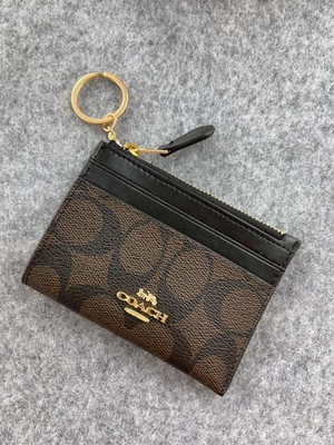 NEW COACH Signature 88208 Mini Skinny Id Case Crossgrain Leather Brown/Black