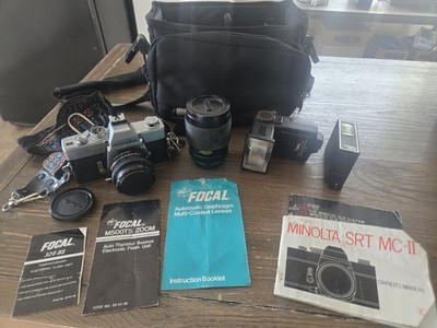 Vintage Minolta SRT MC-II Camera 35mm w/ Lenses, Flashes, Bag & Manuals Untested