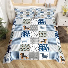 Cartoon Dachshund Duvet Cover Cute Puppy Dog Bedding Set Geometric Plaid Saus...
