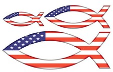 Christian bumper sticker decal 3 on 1 Fish symbol w/ flag art