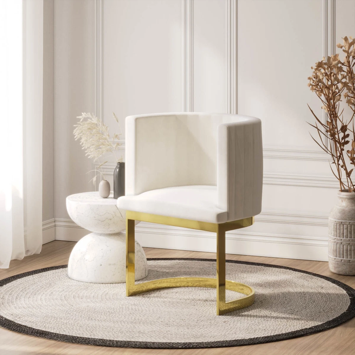 Off White Velvet Cantilever Accent Chair with Gold Legs Zelen