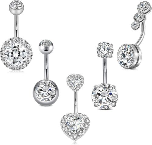 14G Belly Button Rings, Stainless Steel Heart Diamond 6mm/10mm Bar Belly Rings F