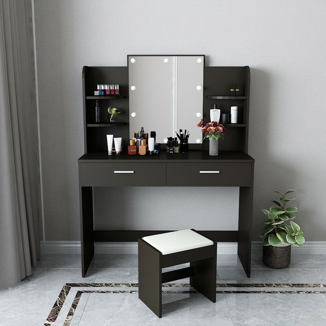 Glass Top And Shelf Metal Vanity Mirror Makeup Table With Upholstered Stool For Sale Online Ebay