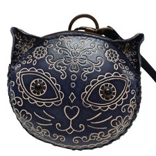 Cat Handcrafted Leather Wristlet Coin Purse Keychain Embossed Design Zipper M16