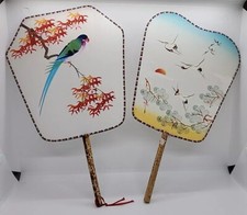 Lot of 2 Vintage Chinese hand fans. Stretched Silk. Painted. Birds Trees