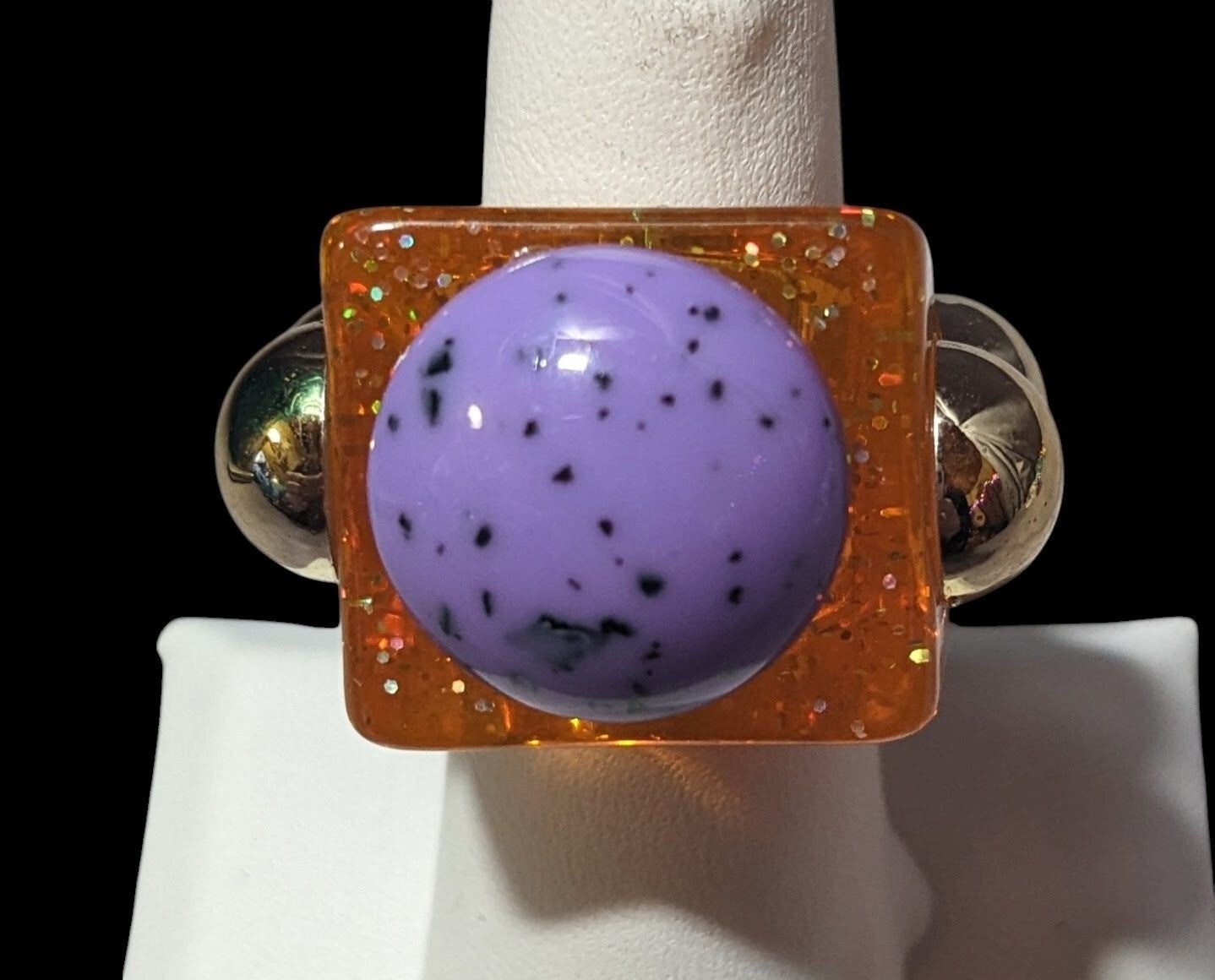 Chunky Translucent Orange Glitter Ring With Gold … - image 1