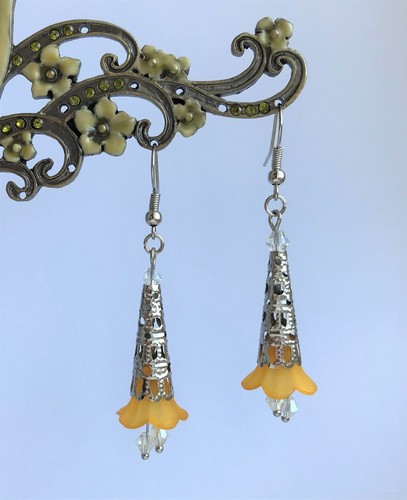 Pretty Orange Flowers with Clear Crystals Dangly Drop Earrings in Gift Bag - Picture 8 of 9