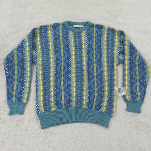 Vintage Clairborne Sweater Mens Large Striped Blue Green Geometric 80s Deadstock - Picture 1 of 16