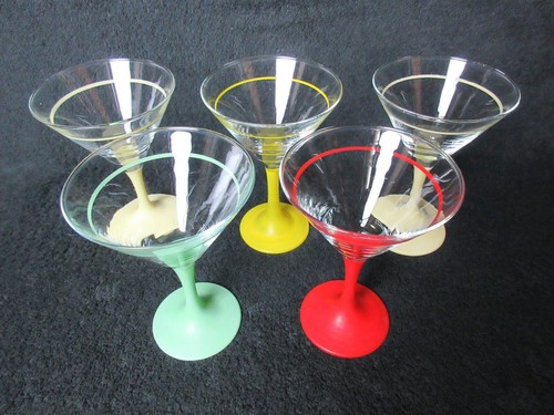 5 Martini Glasses With Colourful Stems/ Bases/ Line Detail: Red, Yellow, Green