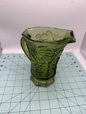 Vintage 1960's Anchor Hocking Green Glass Pitcher Grape And Leaf Design