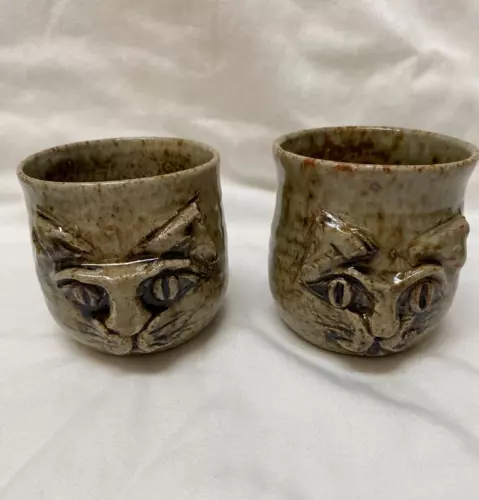 2 Studio Art Pottery Signed Cat Face Mugs