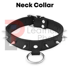 Real Cow Leather Cuffs, BDSM Restraints Choker with Metal Spikes  O Ring Collar