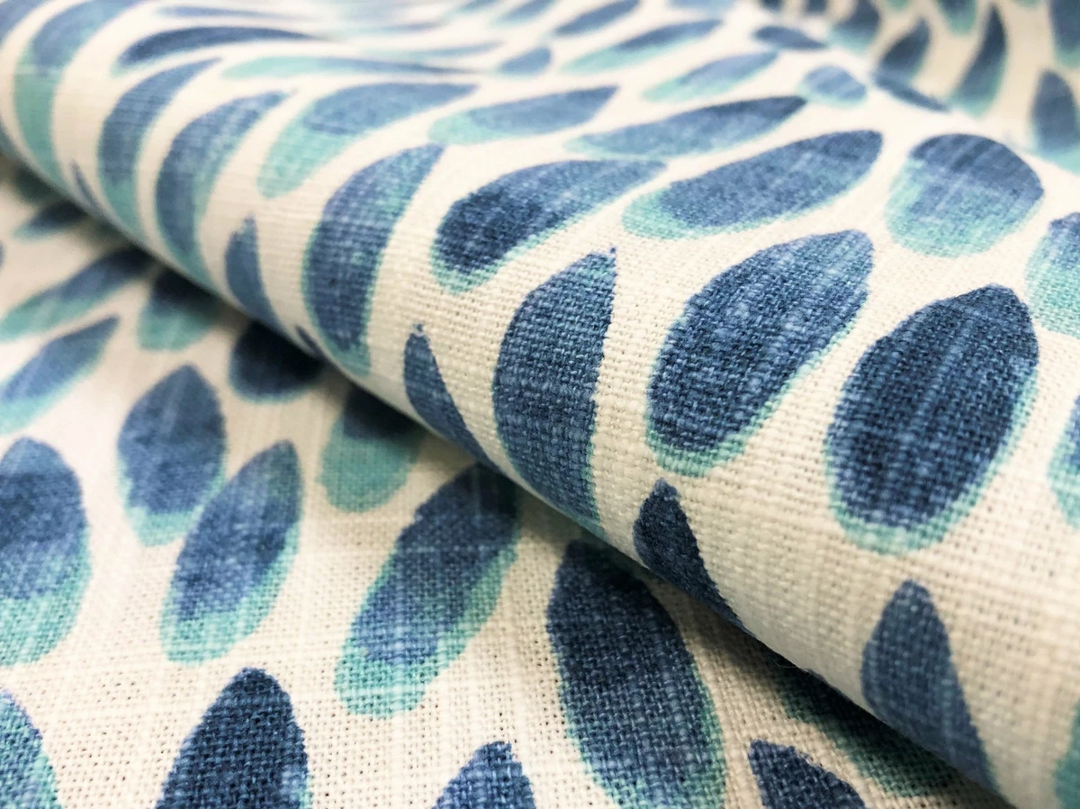 1.5 Yds Navy Blue Aqua White Abstract Cotton Upholstery Drapery Fabric