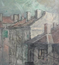 Vintage European impressionist oil painting cityscape