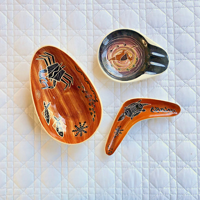 Vintage MCM Florenz Australia Aboriginal Design Atomic ANNA 3pcs 1950s Pottery