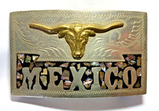 Vintage Western Belt Buckle Gold coated Longhorn Steer  Alpaca Silver Mexico