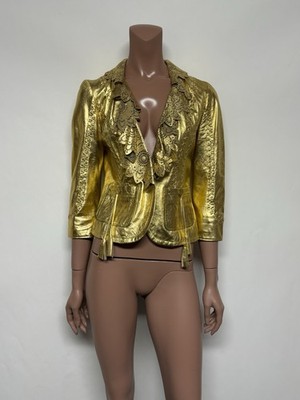 Vtg Roberto Cavalli Just Cavalli Gold Leather Ruffle Jacket XS