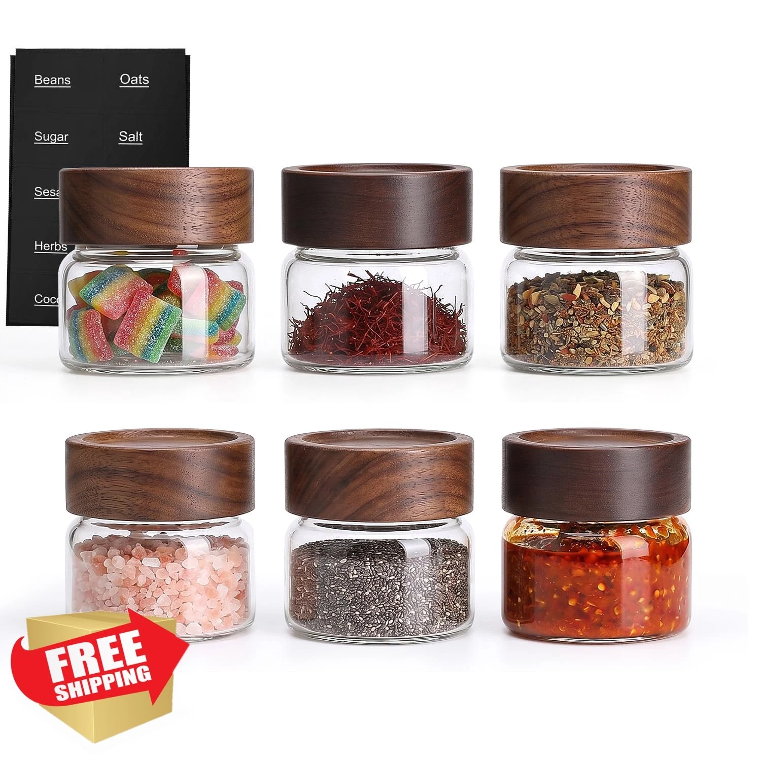 Kalnsa Glass Jars 4oz Acacia Wood Lid Set of 6