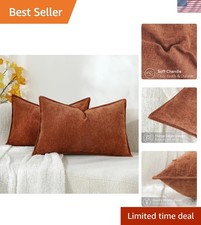 Pack of 2 Burnt Orange Lumbar Pillow Covers 12x20 Chenille Decorative Couch