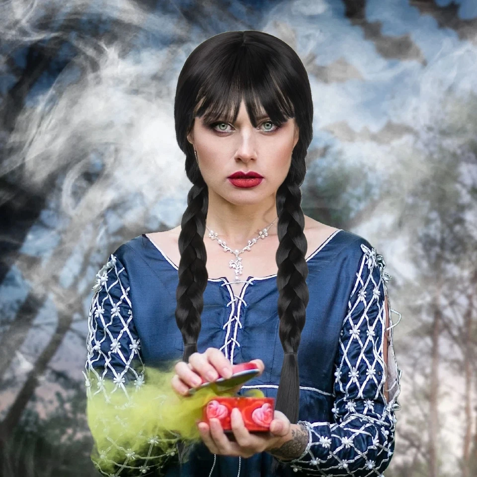 Mujeres Niñas Peluca Larga Negra Trenzas con Flequillo Largo Recto Coletas Peluca para A... Foto 3 de 4