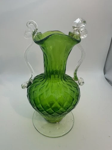 Vintage Rare Venetian Murano Glass Vase Green / Clear Handles With Gold Flakes