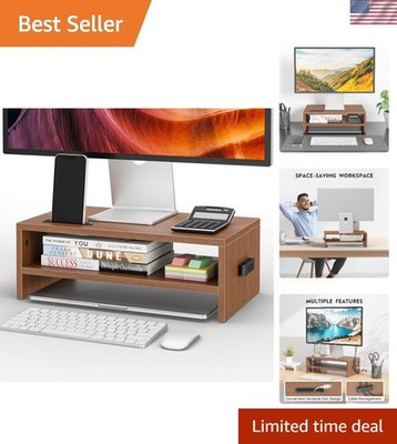 Ergonomic 2-Tier Wooden Monitor Stand with Cellphone Holder & Storage - Walnut