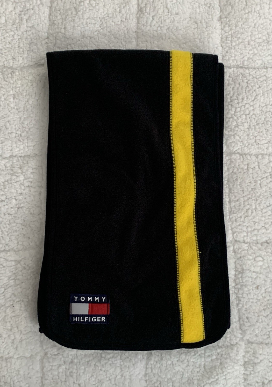 Tommy Hilfiger Scarf Black with Yellow Stripe 90s Vintage 70” x 10.5” image 3
