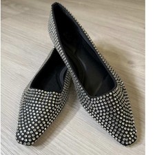 ZARA Studded Ballet Flats Womens US 7 Black Rhinestone Slip On Shoes